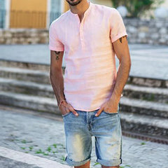 Men's Casual Cotton Linen Shirt Short Sleeve Summer Button-Down Shirts for Men - ping