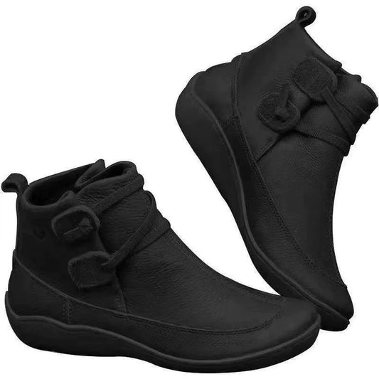 Frauen Herbst und Winterschuhe Stiefel Flachs Schnüre-up Feste Farbe PU-Knöchelstiefel Vintage Cut-out wasserd warme kurze Stiefeletten