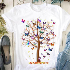 Femme Butterfly Tree Print HARAJUKU Shirts d'été décontractés Cound Cou Short Top Tee-Shirt.