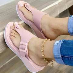 Women's Pu Leather Buckle Strap Platform Beach Slippers