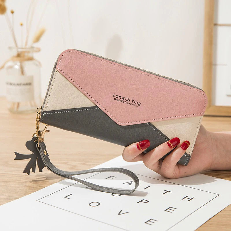 Geometric Luxury PU Leather Women Long Zipper Coin Purses Tassel Design Clutch Lady Female Money Credit Card Holder Clutch Bag