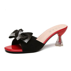 Women Fashion Summer Crystal Sandals Rhinestone Bow Tie Heel Open Toe Shoes Designer Square Slippers Slip On Ladies Beach Slides