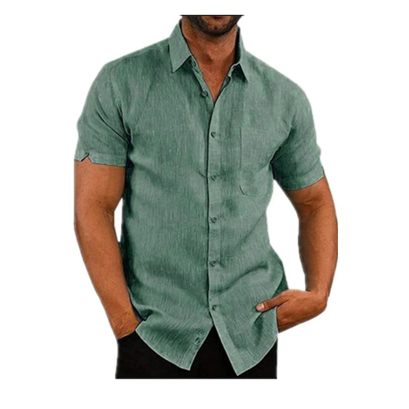 Men Summer Lapel Solid Color Short-Sleeved Button Shirt