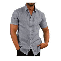 Men Summer Lapel Solid Color Short-Sleeved Button Shirt