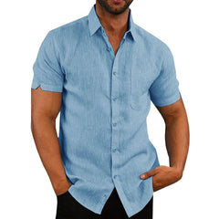 Mens Linen Shirts Short Sleeved Shirts Button Down Cotton Casual Loose Fit Shirt Tops