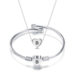 Stainless Steel 26 Letters Necklace Bracelet Set Titanium Steel Fashion Heart Shape Pendant