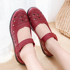 Hollow Soft Bottom Mother Shoes Sandals Summer Comfortable Flat Bottom Women's Shoes Hollow Leather Shoes for Middle-aged and Elderly People
