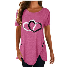 Spring Peach Heart Printed Round Neck Pullover Irregular Hem Short Sleeve T-Shirt in Multiple Colors and Sizes