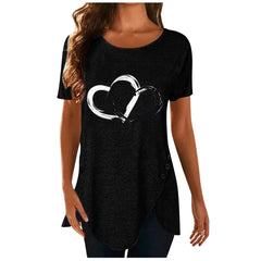 Spring Peach Heart Printed Round Neck Pullover Irregular Hem Short Sleeve T-Shirt in Multiple Colors and Sizes