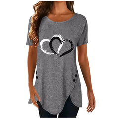 Spring Peach Heart Printed Round Neck Pullover Irregular Hem Short Sleeve T-Shirt in Multiple Colors and Sizes