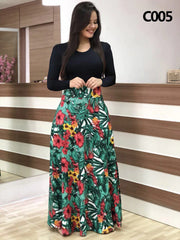 Kobiety maxi sukienka jesienna swobodna kwiatowa druk o szyja Patchwork Patchwork Tunik impreza elegancka boho sukienki szlafropowe panie plus size