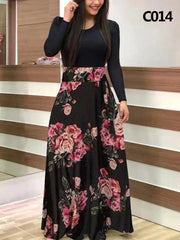 Kobiety maxi sukienka jesienna swobodna kwiatowa druk o szyja Patchwork Patchwork Tunik impreza elegancka boho sukienki szlafropowe panie plus size