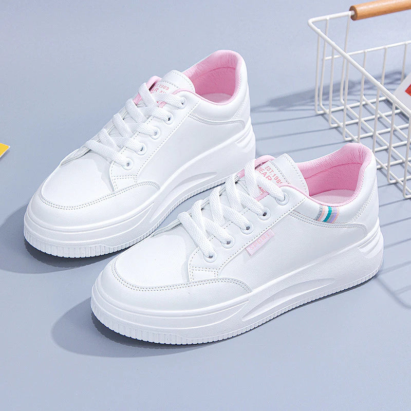 Plattform -Sneaker Frauen Shon Dicker alleiner koreanischer Leder -Sneaker weißer Slip lässig Schnüre -up vulkanisierte Schuhe Frühlingschuhe für Frauen