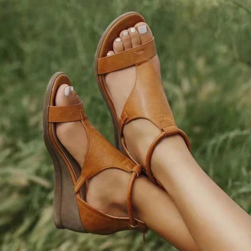 Sandalias de mujer encantadoras, sandalias de gladiadores de dedo abierto de cuña romana para mujeres con correa de hebilla, sandalias planas para caminar, sandalias retro para mujeres.