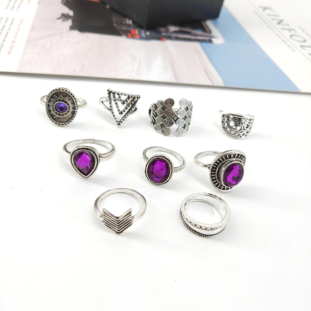 TOCONA 9pcs/Sets Purple Rhinestone Rings Vintage Silver Color Rings para mujeres Flores Geometría Bohemia Joyería Anillo Boda 8261