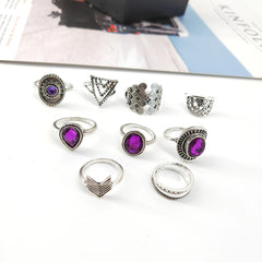 ToCona 9pcs/Sets Purple Rhinestone Vintage Srebrne pierścienie dla kobiet Kwiaty Geometria Czech Biżuter