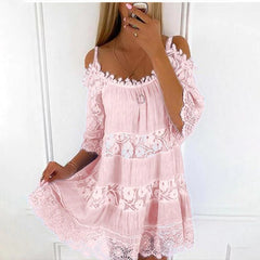 Abito estivo in pizzo da donna Minetom con spalline di spaghetti, vestito corto, scollo a V, abito da spiaggia boho estivo senza maniche, abito a-line