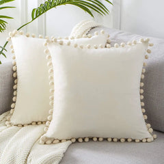 Velvet Cushion with Pompon Home Decoration Sofa Pillowcase Solid Color Drop Ball Plush Car Home Living Room Pillowcase