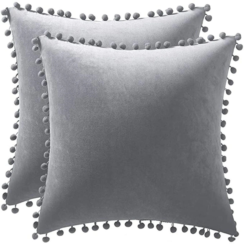 Velvet Cushion with Pompon Home Decoration Sofa Pillowcase Solid Color Drop Ball Plush Car Home Living Room Pillowcase