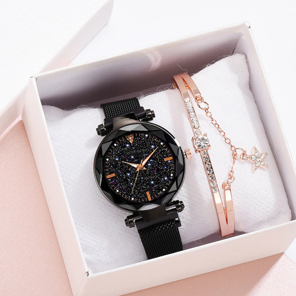 Reloj de cuarzo femenino elegante con cristal y cielo estrellado