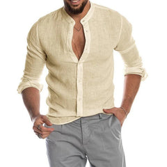 Best Selling Autumn Winter V-neck Linen New Arrived Cardigan Stand Collar Long sleeve Male Shirt