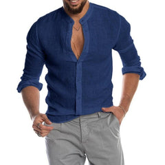 Best Selling Autumn Winter V-neck Linen New Arrived Cardigan Stand Collar Long sleeve Male Shirt