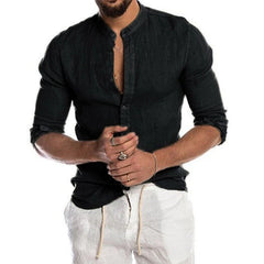 Best Selling Autumn Winter V-neck Linen New Arrived Cardigan Stand Collar Long sleeve Male Shirt