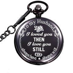 Anniversary Valentines Personalized Gift Engraved Pocket Watch with Chain for Men Husband Boyfriend on Valentines, Christmas, Birthday, Happy Wedding