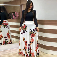 Abito maxi a manica lunga da donna stampare floreale tunica casual maxi abito