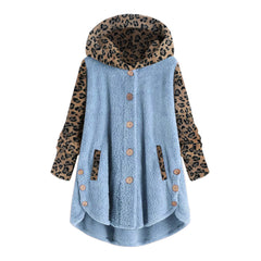 Pulsanti cross-autunno e inverno pulsanti a manica lunga cucitura leopardo cappotto con cappuccio da donna