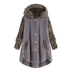 Pulsanti cross-autunno e inverno pulsanti a manica lunga cucitura leopardo cappotto con cappuccio da donna