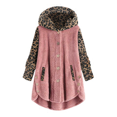 Pulsanti cross-autunno e inverno pulsanti a manica lunga cucitura leopardo cappotto con cappuccio da donna