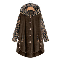 Pulsanti cross-autunno e inverno pulsanti a manica lunga cucitura leopardo cappotto con cappuccio da donna