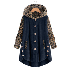 Pulsanti cross-autunno e inverno pulsanti a manica lunga cucitura leopardo cappotto con cappuccio da donna