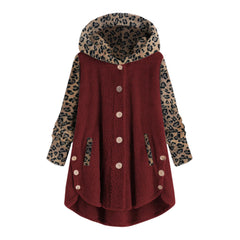 Pulsanti cross-autunno e inverno pulsanti a manica lunga cucitura leopardo cappotto con cappuccio da donna