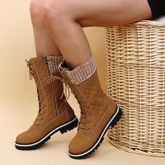 Chunky Heel Round-Toe Lace-up Spliced Long Boots Cowboy Boots