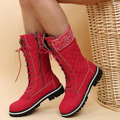 Chunky Heel Round-Toe Lace-up Spliced Long Boots Cowboy Boots