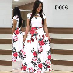 Women's Large Floral Long Fashion Round Neck Hollow Digital Printed Swing Dresses
