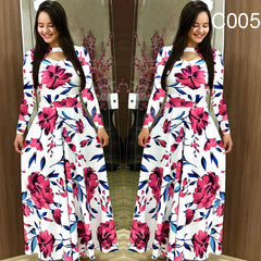 Women's Large Floral Long Fashion Round Neck Hollow Digital Printed Swing Dresses
