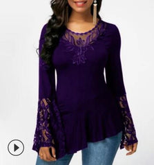 Autumn long-sleeved lace Mosaic Irregular T-shirt