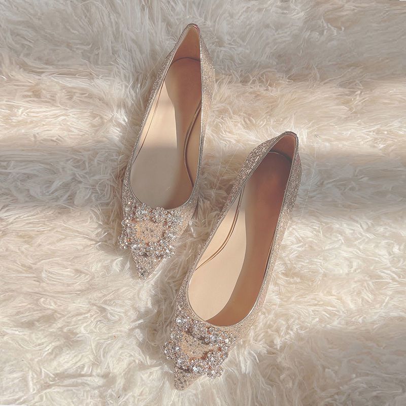 Rigiane perle pointu pointue chaussures plates de femme haut talon bas de bouche peu profonde paillettes de cristal single chaussures