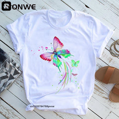 Femme Butterfly Tree Print HARAJUKU Shirts d'été décontractés Cound Cou Short Top Tee-Shirt.