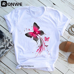 Femme Butterfly Tree Print HARAJUKU Shirts d'été décontractés Cound Cou Short Top Tee-Shirt.
