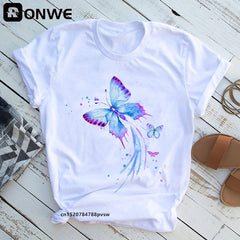 Femme Butterfly Tree Print HARAJUKU Shirts d'été décontractés Cound Cou Short Top Tee-Shirt.