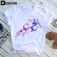 Femme Butterfly Tree Print HARAJUKU Shirts d'été décontractés Cound Cou Short Top Tee-Shirt.