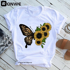 Femme Butterfly Tree Print HARAJUKU Shirts d'été décontractés Cound Cou Short Top Tee-Shirt.