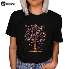 Femme Butterfly Tree Print HARAJUKU Shirts d'été décontractés Cound Cou Short Top Tee-Shirt.