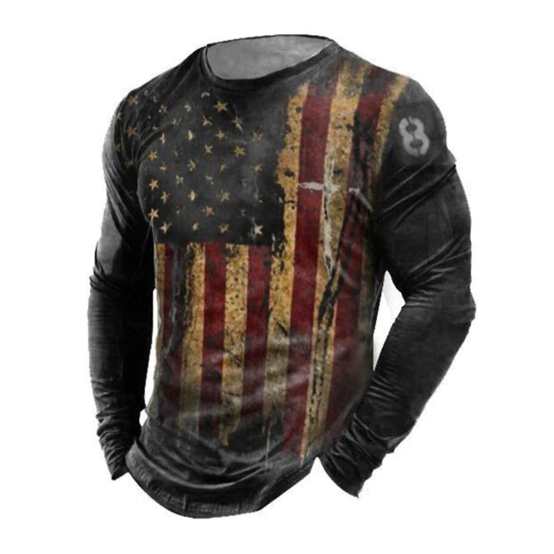 Herren-amerikanische Flagge Druck runden Nacken Langarm T-Shirt Retro Motorrad Biker Pullover Sport T-Shirt