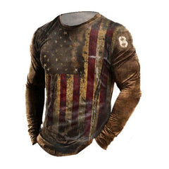 Men's American Flag Print Round Neck Long Sleeve T-Shirt Retro Motorcycle Biker Pullover Sport T-Shirt