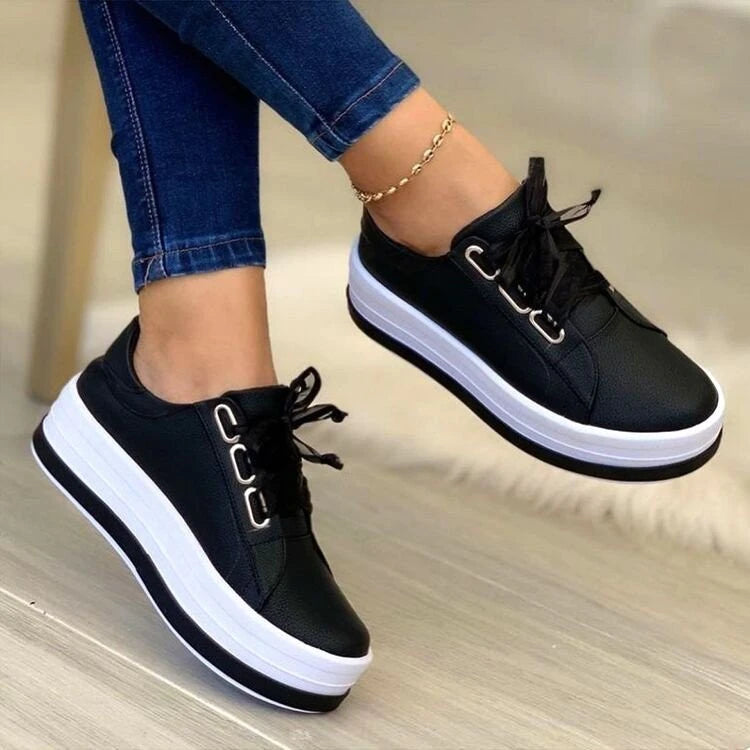 Spring and Autumn New Women's Shoes Comfortable Flat Casual Shoes Lace-up Walking Running Shoes Thick-soled Non-slip Sneakers
